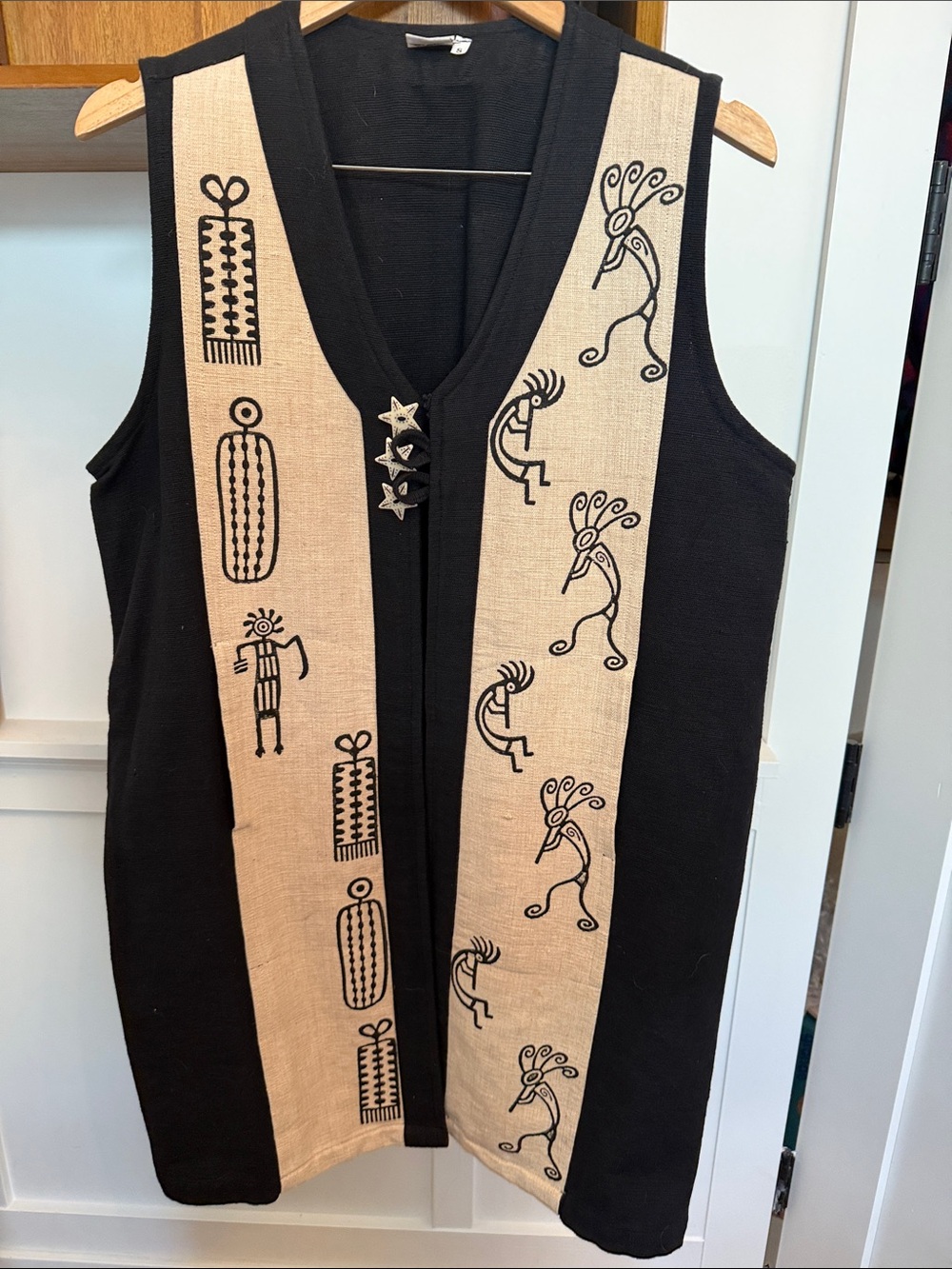 Venus small Black Sleeveless Vest with Beige Native Motif Panels